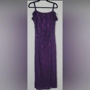 Candalite Petite Off Shoulder Formal Dress Gown Size MP Purple Sequin Maxi Lace